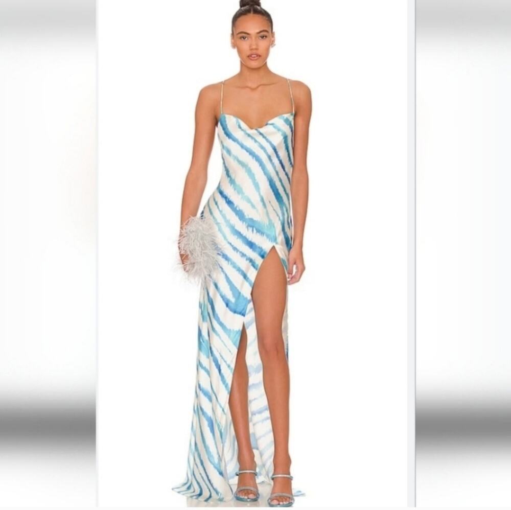 Retrofete Amika Dress in Blue Zebra Size Medium NWT Maxi Silk Low Back